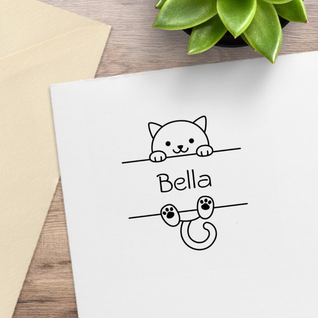 Cute White Cat Custom Name Rubber Stamp (Creator Uploaded)