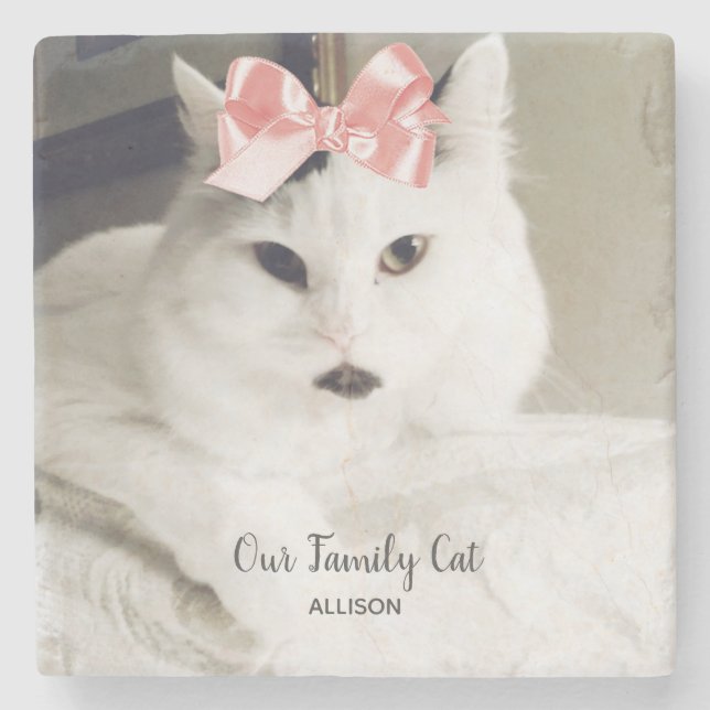 Cute White Cat Custom Photo Personalised  Stone Coaster (Front)