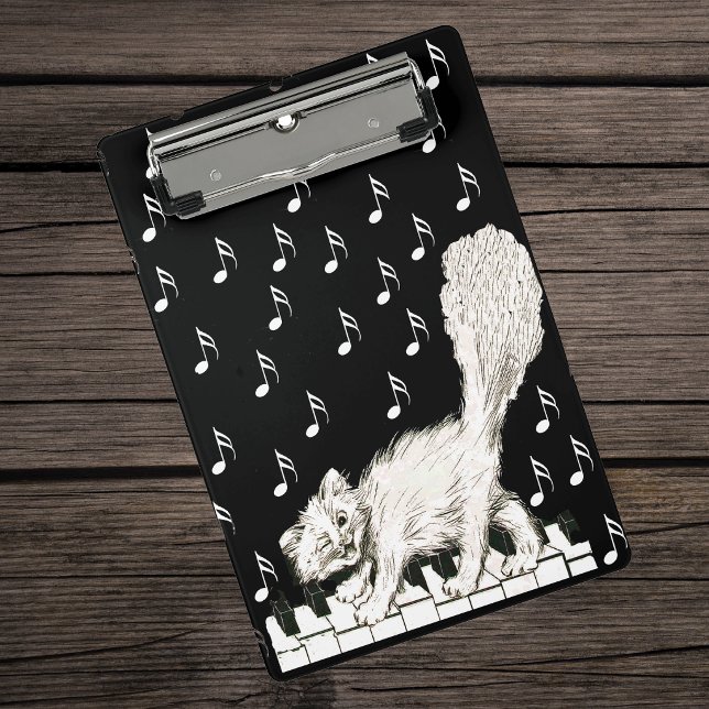 Cute White Cat Dancing on Piano Keyes Drawing Mini Clipboard (winking white cat walking on piano white music notes on black keyboard.)