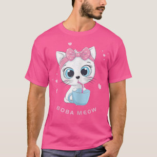 Cute White Cat Drinking Boba Tea AnimeFor Women  T-Shirt