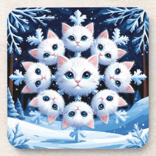 Cute White Cat Faces Arranged in a Snowflake Coaster