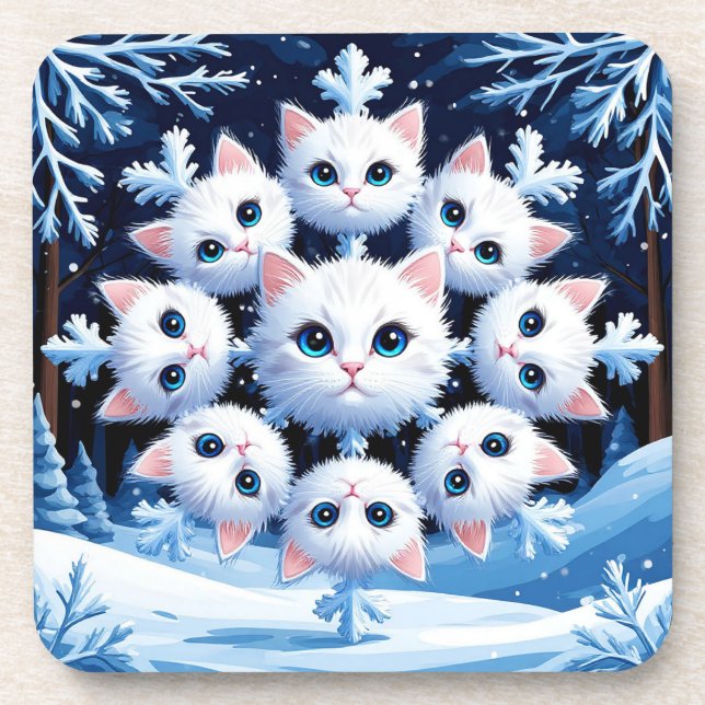 Cute White Cat Faces Arranged in a Snowflake Coaster (Front)