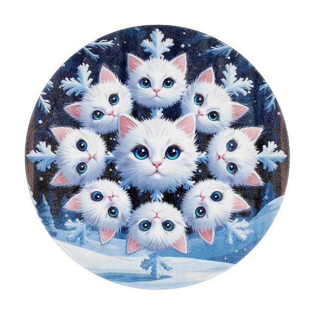 Cute White Cat Faces Arranged in a Snowflake Cutting Board (Front)