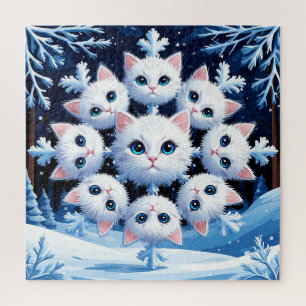 Cute White Cat Faces Arranged in a Snowflake Jigsaw Puzzle
