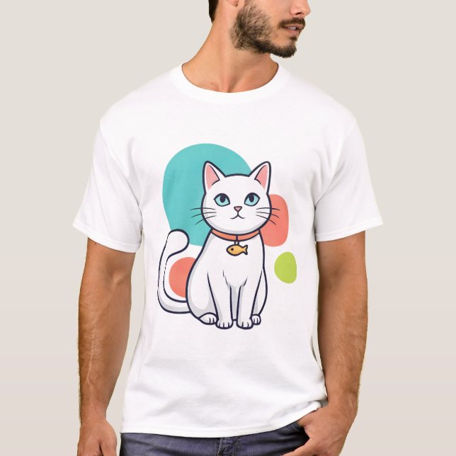 Cute White Cat Fish Collar T-Shirt (Front)