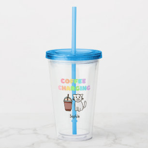 Cute White Cat&Funny Coffee Caffeine Rainbow Acrylic Tumbler