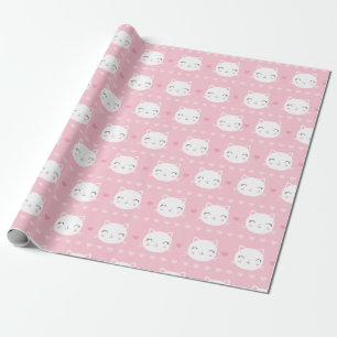 Cute White Cat Girly Pink Pattern Wrapping Paper