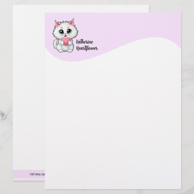 Cute White Cat Holding A Heart 1 Custom Letterhead (Front/Back)