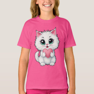 Cute White Cat Holding A Heart 1 T-Shirt