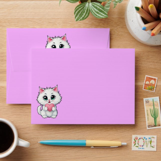 Cute White Cat Holding A Heart 1 + text Envelope (Desk)