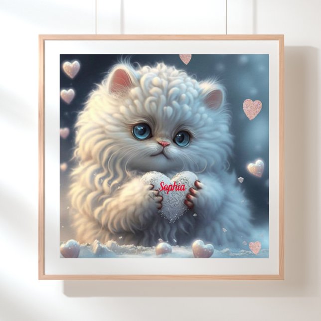 Cute White Cat holding heart personalised art  Poster (Creator Uploaded)