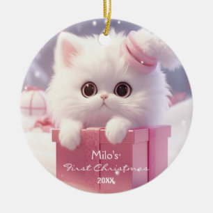 Cute White Cat in a box Christmas Personalised Ceramic Tree Decoration