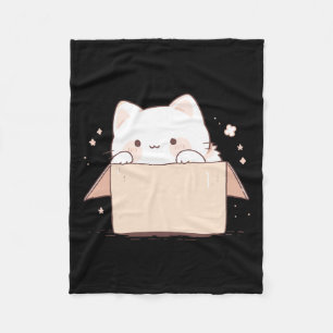 Cute White Cat In A Box Japanese Kawaii Cartoon Gr Fleece Blanket