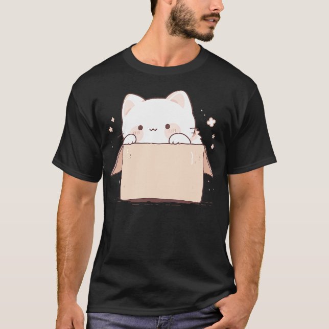 Cute White Cat in a Box Japanese Kawaii Cartoon Gr T-Shirt (Front)