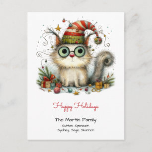 Cute White Cat in a Stocking Cap Happy Holidays Postcard