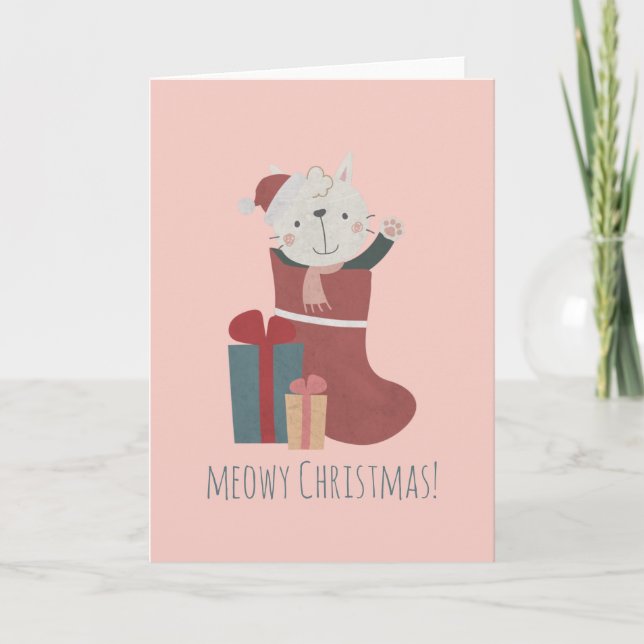 Cute White Cat in Christmas Socks Card (Front)