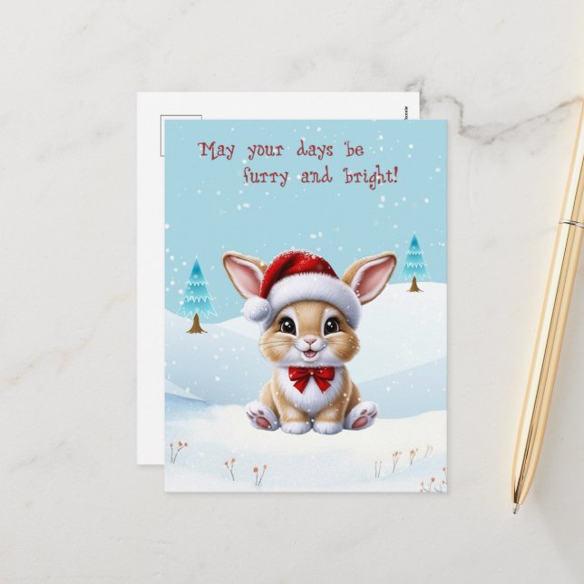 Cute White Cat in Snow Christmas Postcard (Front/Back In Situ)
