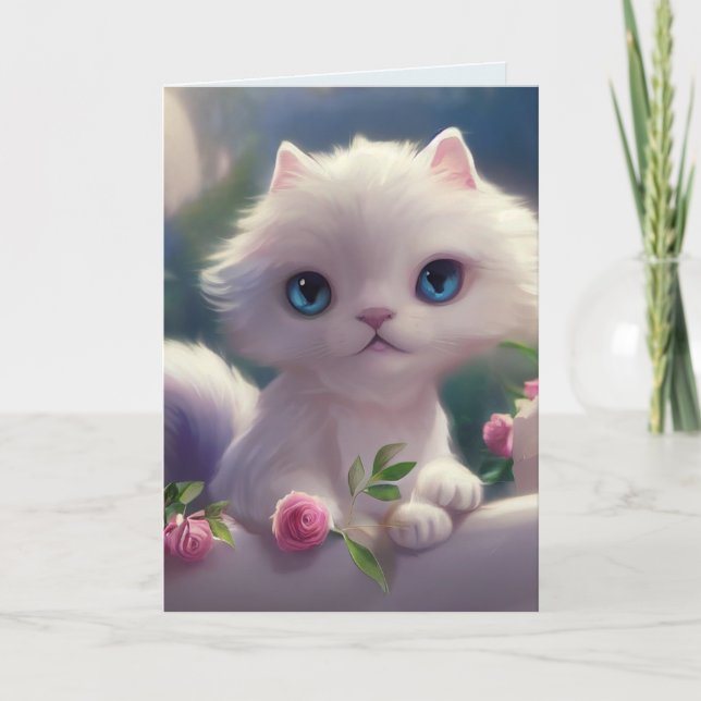 CUTE WHITE CAT KITTEN BIRTHDAY Greeting Card (Front)