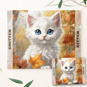 Cute White Cat Kitten Fall Autumn Custom Name Jigsaw Puzzle