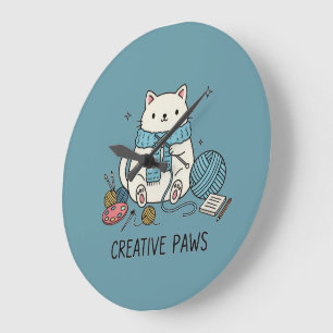Cute White Cat Knitting Happy Hobbyist Room Decor Large Clock