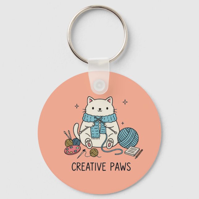 Cute White Cat Knitting with Blue Yarn Coral Art Key Ring (Front)