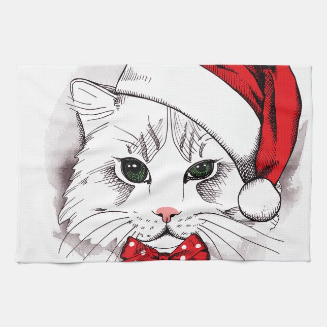 Cute White Cat Merry Christmas Tea Towel (Horizontal)