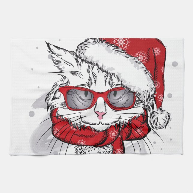 Cute White Cat Merry Christmas Tea Towel (Horizontal)