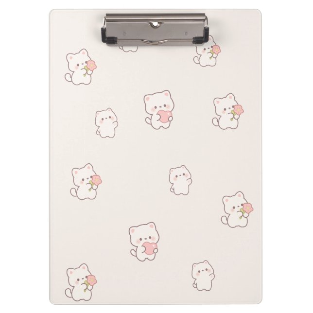 Cute White Cat Pattern – Kawaii Hearts & Flowers  Clipboard (Front)