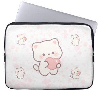 Cute White Cat Pattern – Kawaii Hearts & Flowers Laptop Sleeve