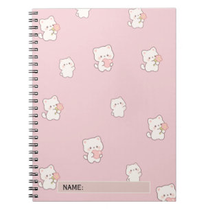 Cute White Cat Pattern – Kawaii Hearts & Flowers  Notebook