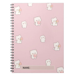 Cute White Cat Pattern – Kawaii Hearts & Flowers Notebook
