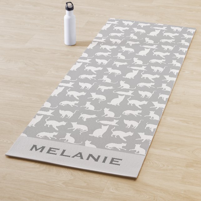 Cute White Cat Pattern Light Grey Personalised Yoga Mat (In Situ)