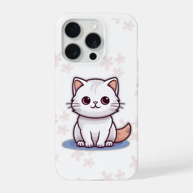 Cute White Cat Phone Case – Pink Floral Design (Back)
