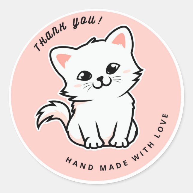 Cute White Cat Pink Handmade With Love Thank You Classic Round Sticker (Front)