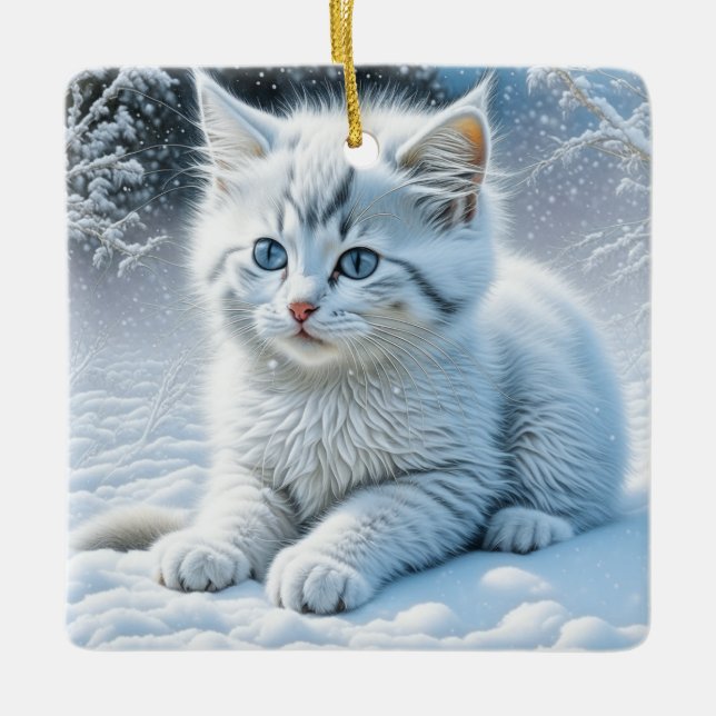 Cute White Cat Playing in the Snow Christmas Ceramic Ornament (Front)