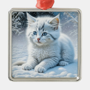Cute White Cat Playing in the Snow Christmas Metal Tree Decoration