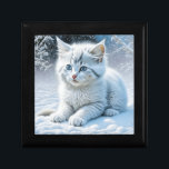 Cute White Cat Playing in the Snow Gift Box<br><div class="desc">Pretty ai generated winter scene with a sweet white fluffy kitten playing in the snow.</div>