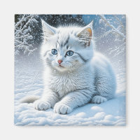 Cute White Cat Playing in the Snow