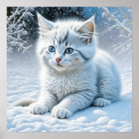 Cute White Cat Playing in the Snow