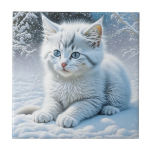 Cute White Cat Playing in the Snow Tile