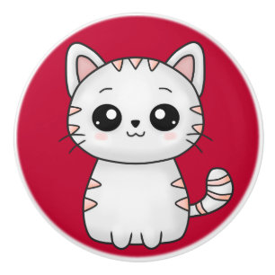 Cute White Cat Red Ceramic Knob
