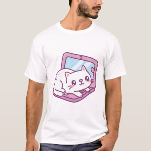 Cute White Cat Resting On Laptop T-Shirt