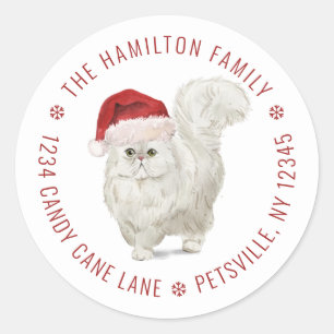 Cute White Cat Santa Hat Christmas Return Address Classic Round Sticker