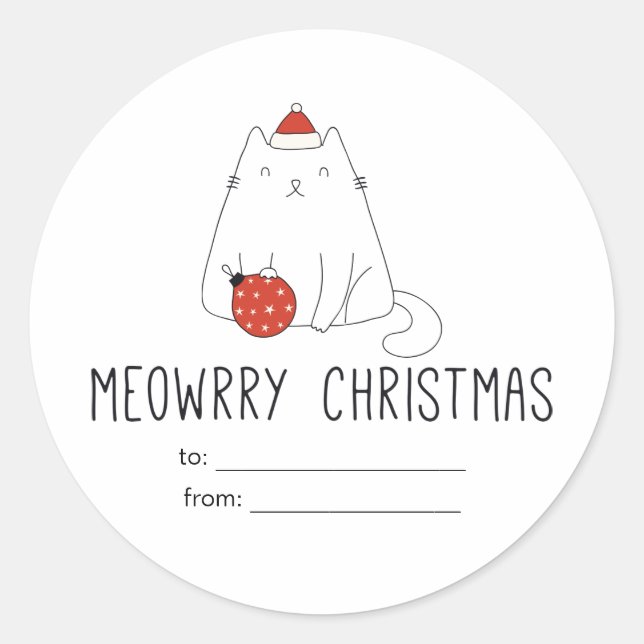Cute White Cat Santa Hat with Christmas Ornament Classic Round Sticker (Front)