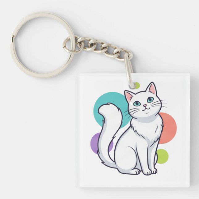 Cute White Cat Sitting Graphic Tee Key Ring (Front)