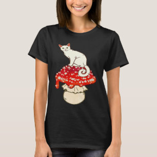 Cute White Cat Sitting on Red Spotted Mushroom T-Shirt
