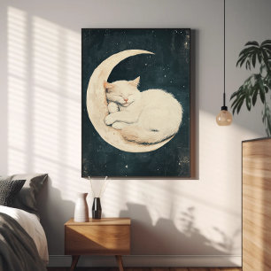 Cute White Cat Sleeping on the Moon  Poster
