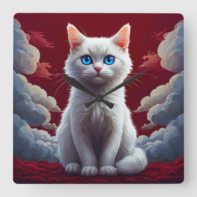 Cute White Cat Square Wall Clock (Front)
