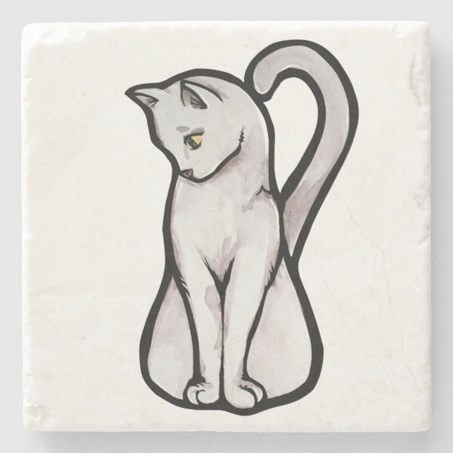 Cute White Cat Stone Coaster (Front)