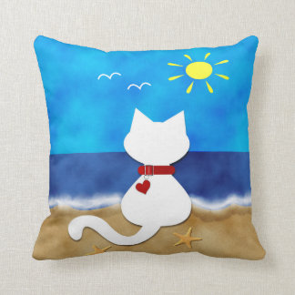 Cute White Cat Summer Ocean Beach Theme Pillow